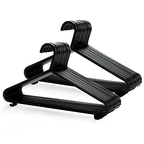 Image of KEPLIN Adult Plastic Coat Hangers - 25pk, Strong Clothes Hangers for Clothes Rail & Closet, Clothing Hanger with Suit Pants Trouser Bar and Clips, Space Saving, 37.5 cm Wide (Black (50 pack))
