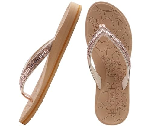 Image of ONCAI Women's Flip Flops with Rhinestone Yoga Mat Comfort Walking Casual Summer Beach Soft Toe Thong Sandals Woman Beige Size 5 UK