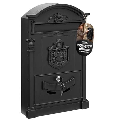 Image of ZENO Letter Box Wall Mounted | Postbox | Large Traditional Post Box Mailbox | Post Letter Box for Home | Vintage Classic Mail Box with 2 Keys | Easy to Install | Keep Your Mail Safe (Black)