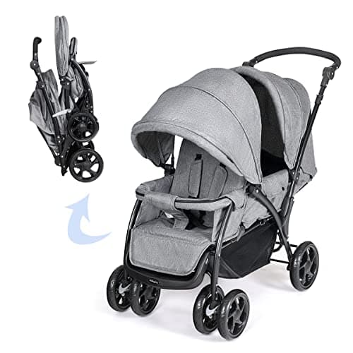 Image of COSTWAY Double Pushchair, Foldable Twin Tandem Stroller with Adjustable Backrest, Push Handle & Footrest, 5 Points Safety Belts, Sunshade & Storage Basket, for from Birth to 15kg (Grey)