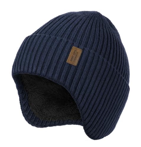 Image of Wmcaps Winter Beanie with Earflap for Men Women, Thick Fleece Lined Soft Thermal Warm Unisex Knit Hat Woolly Hats for Outdoor Activity Gifts for Men Husband Dad Him, Navy Blue