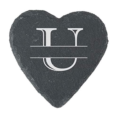 Image of Personalised Engraved Novelty Initial and Name Heart Slate Coaster, Letter U, Set of 4, Personalise with Any Name, Perfect for Any Occasion