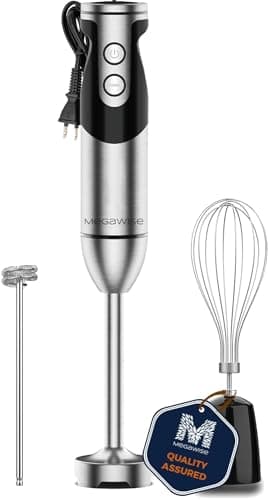 Image of MegaWise Pro Titanium Reinforced 3-in-1 Immersion Hand Blender, Powerful Copper Motor with 80% Sharper Blades, 12-Speed Corded Blender, Including Dish Washer Safe Whisk and Milk Frother