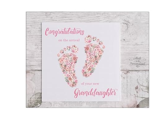 Image of New baby girl card, Granddaughter card, Congratulations to the new grandparents, Pink floral baby feet, welcome to the world little one