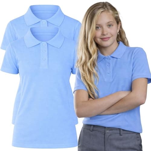 Image of Panzy 2 Pack Girls Plain 100% Cotton Polo Shirts Children School T-Shirt Uniform Summer Ages 3-10 Years (UK, Age, 6 Years, 7 Years, Regular, Sky Blue)