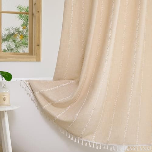Image of Plenmor Heavy Weight Fabric Cotton Shower Curtain with Hooks Waterproof Stripe Bathtub Boho Curtain for Bathroom Beige W 70.9" x L 70.9" (1 Panels)