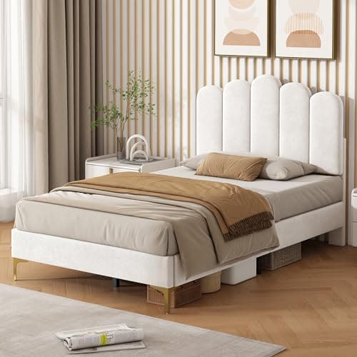 Image of BTM 3ft Velvet Single Bed Frame with Scalloped Channel Tufted Adjustable Headboard Upholstered Bed with Beige (No Mattress)