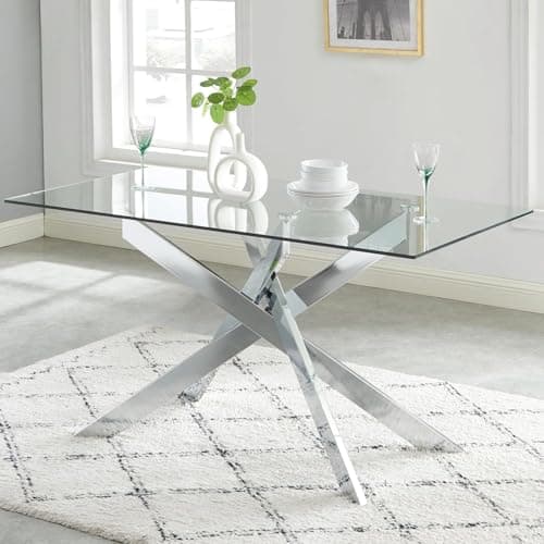 Image of Rainbow Tree 120x80cm Glass Dining Table Rectangle for Dining Room Kitchen, Tempered Glass Tabletop + Metal Legs for Home/Office/Restaurant (Clear Tabletop+Chrome Legs, Rectangle: 120×80×75cm)