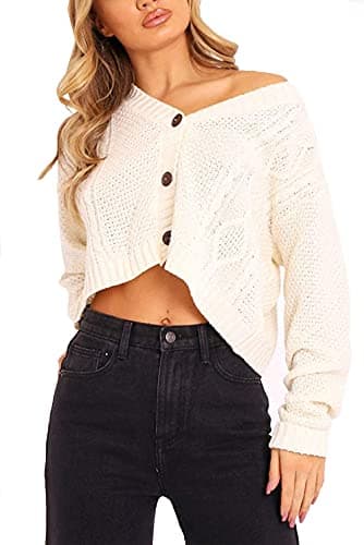 Image of STAR FASHION New Women's Ladies Chunky Cable Knitted Cropped Cardigan Long Sleeve 3 Button Short Crop Top Warm Sweater Jacket Pary Wear UK Size 8-14 Cream