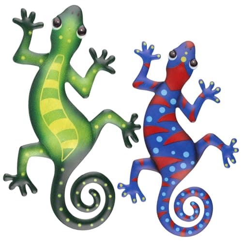 Image of Weysoo 2 Pack Metal Gecko Wall Art Decor, Colorful Gecko Garden Ornaments Outdoor, Garden Fence Decorations, Wall Hanging Decoration for Backyard Porch Home Patio
