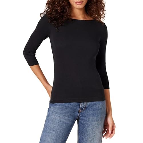 Image of Amazon Essentials Women's Slim-Fit 3/4 Sleeve Solid Boat Neck T-Shirt, Black, XS