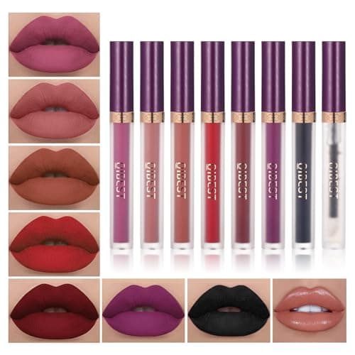 Image of QiBest 7Pcs Matte Liquid Lipstick wiith 1Pc Lip Plumper Makeup Set, Dark Black Purple Lipstick Goth Halloween Lip Set Waterproof Lip Gloss Kit Pigmented Long Lasting Lipstick Makeup for Women & Girls