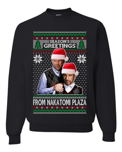 Image of Wild Bobby Nakatomi Plaza Christmas Party 1988 Classic Die Hard Ugly Christmas Sweater Crewneck Sweatshirt, Black-greetings, 5XL