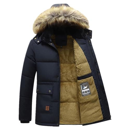 Image of ANUFER Men's Thermal Winter Parka Jacket Thick Fluff Lining Cotton Padded Coat with Detachable Fur Hood SD5A0831 Navy Blue S