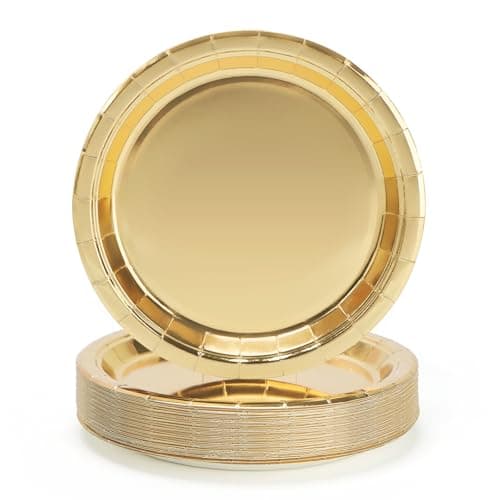 Image of PARTY GO 50 Pcs 9" Paper Plates for Dinner and Dessert Disposable Plates Party Supplies Pack for Valentine Holiday Wedding Birthday Party Baby Shower Decorations Gold