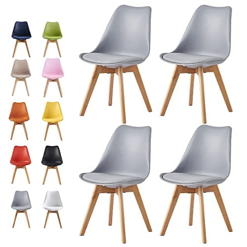 Image of mcc direct Set of 4 Dining Chairs Wooden Legs Soft Cushion Pad Stylish DELUXE Retro Lounge Dining Office EVA (Grey)