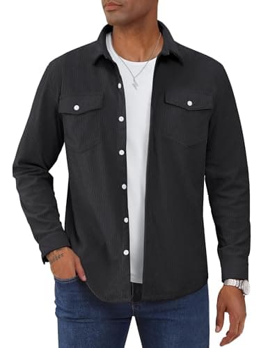 Image of TACVASEN Corduroy Mens Shirt Casual Long Sleeve Shirt for Men Lightweight Shirts Jackets Men's Overshirts with Flap Pockets Black, 3XL