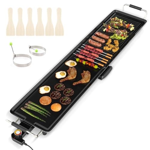 Image of COSTWAY Electric Teppanyaki Table Grill, 1800W BBQ Griddle with Adjustable Temperature, Nonstick Surface, Drip Tray, 6 Wooden Spatulas & 2 Egg Rings (116 x 24cm, Dual-Surface, Die-casting Aluminum)
