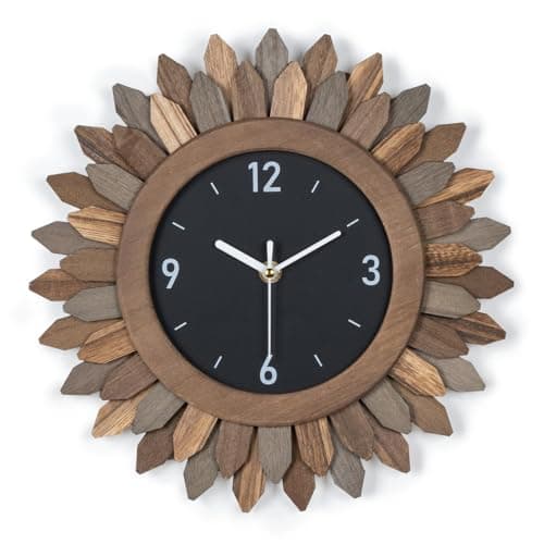 Image of Emfogoo Wall Clocks for Living Room, 30cm Silent Non-Ticking Wall Clock Battery Operated, Rustic Wood Boho Sunburst Wall Clock Decorations for Kitchen, Bedroom, Office, Farmhouse (Tricolor