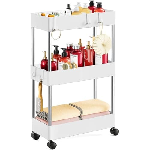Image of ruitao Slim Storage Trolley on Wheels Kitchen Trolleys Metal 3-Tier Trolley for Book Beauty Craft Trolleys Rolling Utility Storage Cart for Room Bathroom Office, Plastic & Stainless Steel