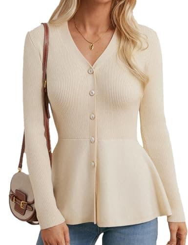Image of GRACE KARIN Autumn Long Sleeve Cardigans for Women UK Elegant V-Neck Button Down Peplum Knit Bolero Shrugs Apricot XL
