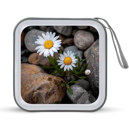 Image of QMNLKH CD Case 40 Capacity Hard Plastic DVD Case Holders Daisies And Rocks Disc Cases Torage Binder Wallet for Car Home Travel