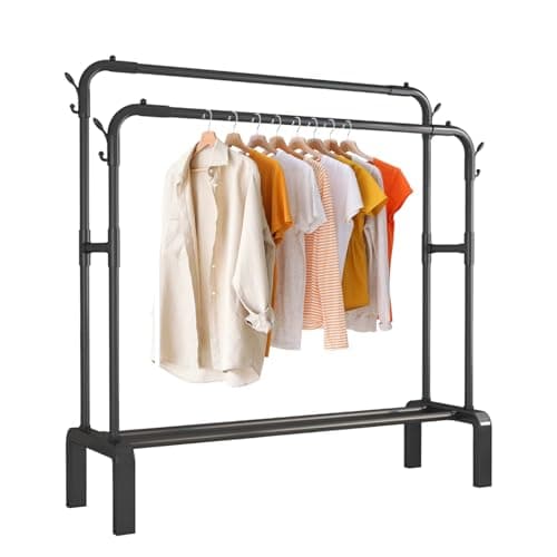 Image of WEELOO Double Clothes Rail, Heavy-Duty Metal Clothes Rack, Sturdy Clothing Rail with 8 Coat Hooks, Clothes Hanging Rail with Shoe Shelves for Bedrooms Living Rooms Balconies
