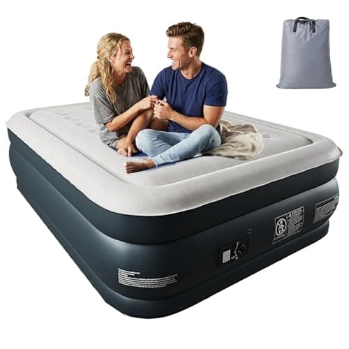 Image of Bonnlo Double AirBed, Inflatable Mattress with Built-in Electric Pump, Air Mattress Self Inflating,190x137x46cm Flocked Surface, 200kg Capacity for Outdoor Camping & Guest Use (Grey/White)