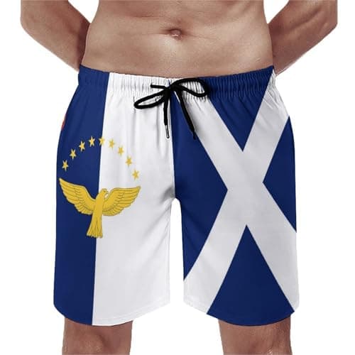 Image of Azore Scotland Flag Fashion Shorts & Trunks for Men Drawstring Elastic Beach Board with Mesh Liner L