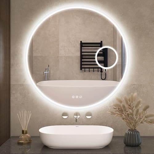 Image of S’bagno Round Bathroom Mirror with LED Lights 800mm, Bluetooth LED Bathroom Mirror with 5x Magnifier, Anti-Fog, 3000K-6500K, Dimmable, HD Tempered Glass, Memory, IP44 Waterproof
