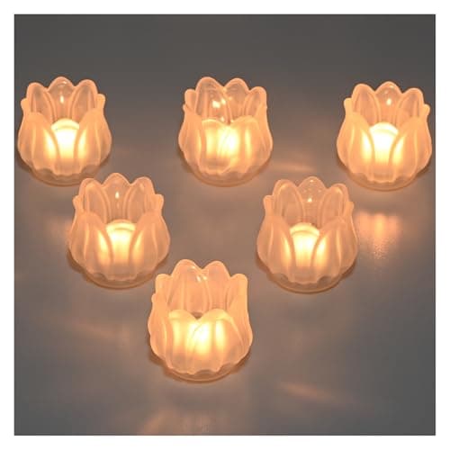 Image of YoHyien Set of 6 Glass Tea Light Candle Holders, Tulip Tealight Holders for Table Centerpiece, Votive Candle Holders for Christmas, Wedding, Birthday Party, Home Decor (Frosted)