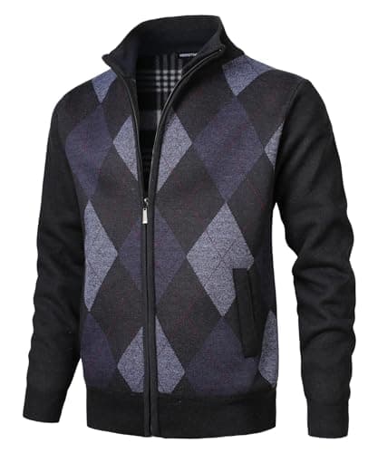 Image of Herothorn Men's Argyle Cardigan Classic Full Zip Diamond Knitwear Fleece Lined Jumper Fine Knit Sweater with Pockets for Autumn Winter Dark Grey