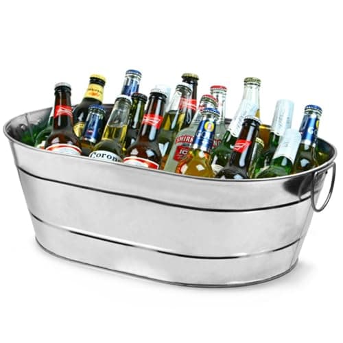 Image of Drinkstuff Galvanised Steel Oval Ice Bucket – Large 25-Bottle Drinks Cooler Tub with Handles for Parties, BBQs & Outdoor Bars – Beer, Wine & Champagne Cooler for Home Entertaining