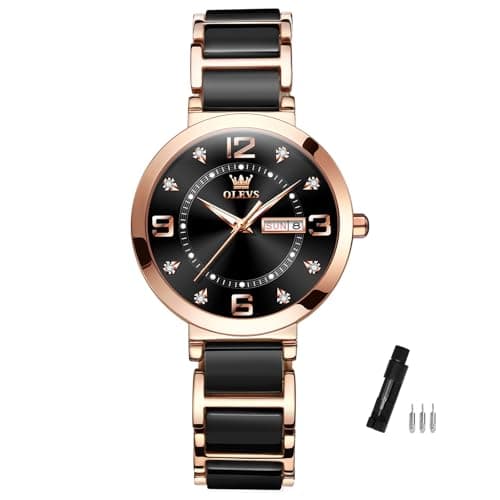 Image of OLEVS Women's Watch Quartz Diamond Dial 30M Waterproof Elegant Black Ceramic Bracelet Watch Luminous Hands for Daily Wear Office Lady