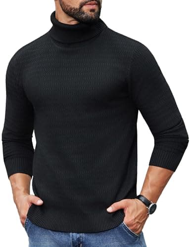 Image of COOFANDY Men's Turtleneck Jumpers Causal Long Sleeved Knitted Pullover Solid Colour Winter Roll Neck Sweaters Black L