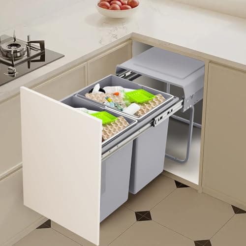 Image of Esyogen Pull out Kitchen Bin 2 x 20L Built in Rubbish Bin Waste System, Low Kitchen Rubbish Can, Sliding Recycle Waste Bin, Waste System, 2-Way Separation, 49x35x43cm