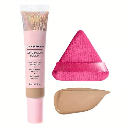Image of CC Cream Bb Cream Foundation, Skin Tone Adjusting Matte, Colour Correcting Brightening Face Cream, Full Coverage Foundation Anti-Redness with Triangle Powder Puff Set (Sand)