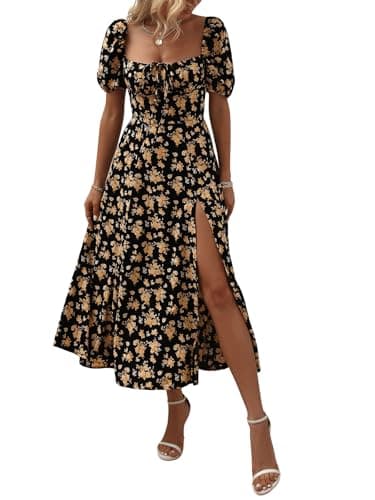 Image of GORGLITTER Women's Floral Midi Dress Milkmaid Summer Tea Dress Boho Square Neck Short Sleeve Split Swing A Line Dresses Black Yellow Floral XL