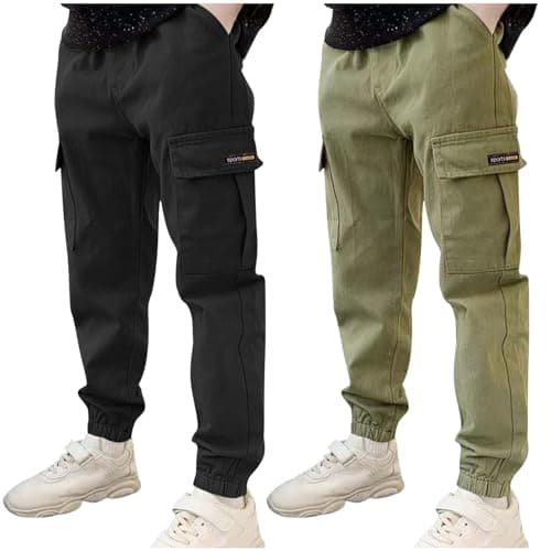 Image of duxyoz 2 Pack Boys Cargo Trousers Kids Sweatpants with Multi Pockets Elastic Waist Sports Pants Durable Casual Cotton Trousers Solid Color Classic Streetwear Tapered Leg Running Joggers 11-12 Years