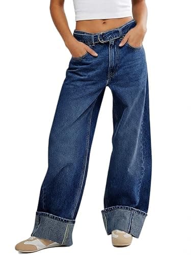 Image of Tankaneo Womens Wide Leg Cuffed Jeans Trendy High Waisted Baggy Boyfriend Casual Denim Pants with Belted, Navy Blue, 4