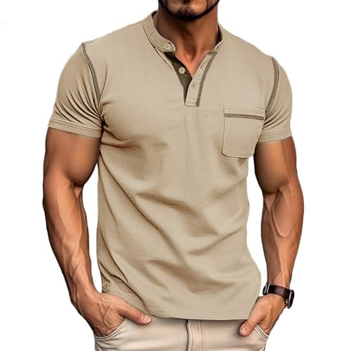 Image of Mens Henley T-Shirts Cotton Short Sleeve Shirts Casual Summer Shirt Tops Khaki T Shirt Men M