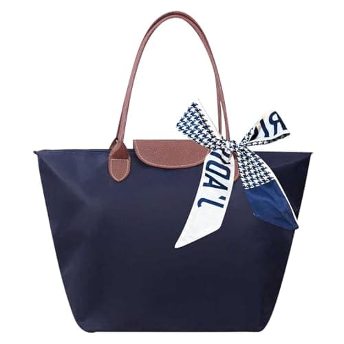 Image of Women's Tote Bag, Foldable Shoulder Bag Handbag with Zip & Top Handle, Tote Shopping Bags Beach Travel Bags for Work, School, Travel, Leisure, Shopping, with Silk Scarf (Deep Blue, 44 x 30 x 18 CM)