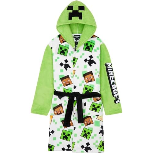 Image of Get Trend Minecraft Dressing Gown Boys & Teens, Fleece Hooded Bathrobe, Creeper Loungewear Nightwear, Gamer Gifts for Boys (9-10 Years, White Minecraft)