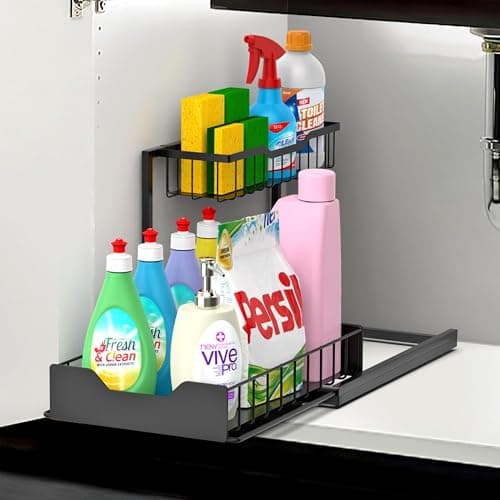 Image of Vinsani Metal Under Sink Storage Rack – 2-Tier Under Sink Caddy Kitchen Organiser with Sliding Drawer & Removable Basket | Heavy Duty Kitchen Bathroom Cupboard Organiser with Suction Cups Plus Size