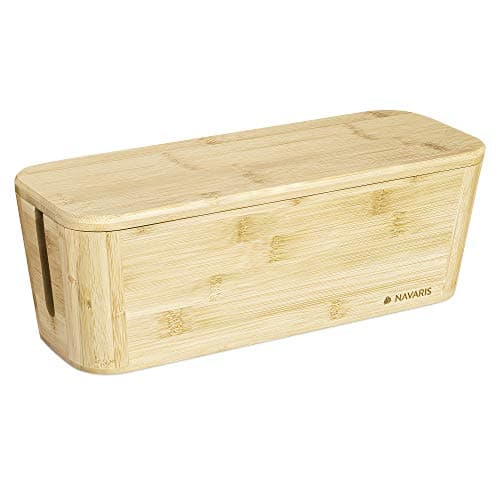 Image of Navaris Cable Tidy Box - Bamboo Cable Storage Box Organiser for Wires Cables Extension Sockets Chargers, Plugs TV, Network Electrical Leads