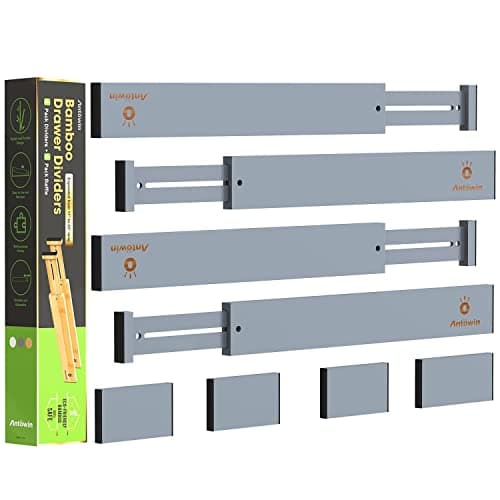 Image of ANTOWIN 8PCS Bamboo Drawer Dividers, Drawer Separators Splitter, 43-56CM Long Adjustable Spring-loaded Organizer for Large Utensil, Clothes, Tools Drawers, 4 Pack Dividers + 4 Pack Baffle (gray)