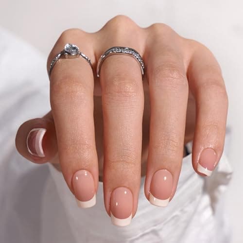 Image of BTArtbox Stick On Nails for Women - Short Square Press On Nails, 30 Pcs Soft Gel French Tip False Nails With Glue, Reusable Semi-Transparent Fake Nail Kit in 15 Sizes, French Girl
