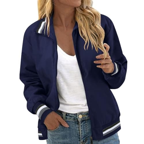 Image of Duohropke Bomber Jacket Women's Short Pilot Jacket with Zip College Jacket Oversized Leisure Jacket Spring Leisure Motorcycle Jacket Lightweight Biker Jacket Plain Women's Jacket, B Blue, M