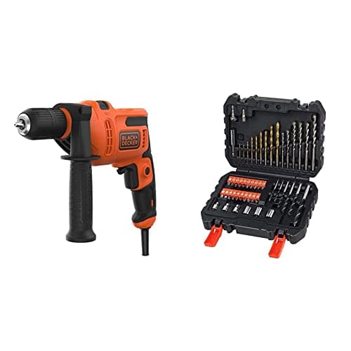 Image of BLACK+DECKER 500 W Hammer Drill Power Tool with Side Handle, BEH200-GB & A7188 Drill and Screwdriver Bit Set 50-Piece
