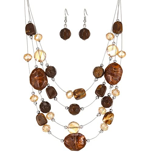 Image of FULU AUTUMN Silver Layered Statement Necklaces for Women Handmade Beaded Necklace Costume Jewellery Birthday Gifts for Women(40-2-Brown)